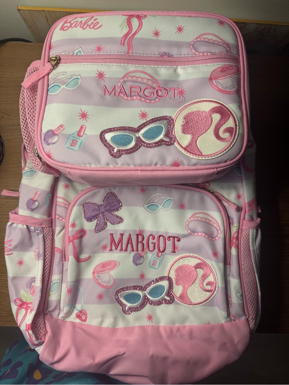 Barbie Pink Striped Kids Backpack with Sunglasses Motif